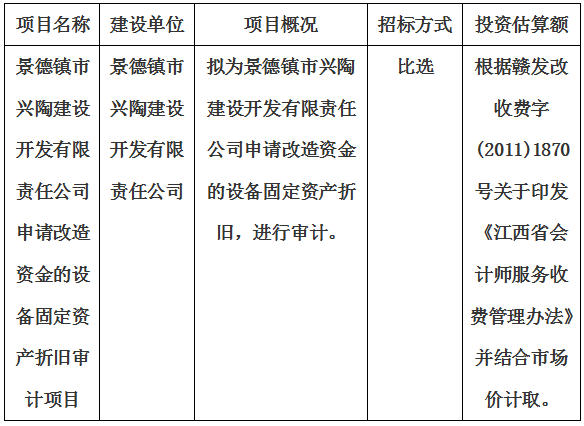 景德鎮(zhèn)市興陶建設(shè)開發(fā)有限責(zé)任公司申請改造資金的設(shè)備固定資產(chǎn)折舊審計(jì)項(xiàng)目計(jì)劃公告